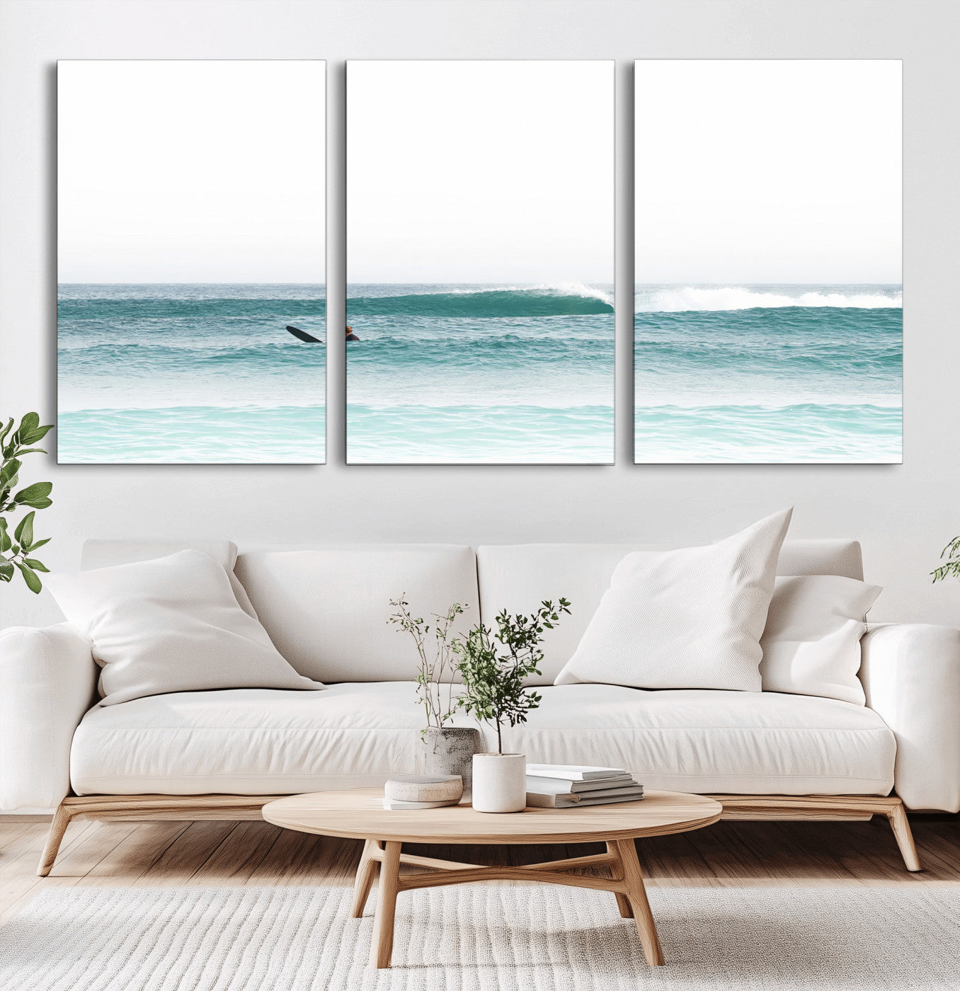 56345117-MGV-CV-60X30-3P-Minimalist Surfing Wall Art Canvas Print, Framed Ocean Waves Art Picture Print, Soft Ocean Perfect Minimalist Coastal Decor