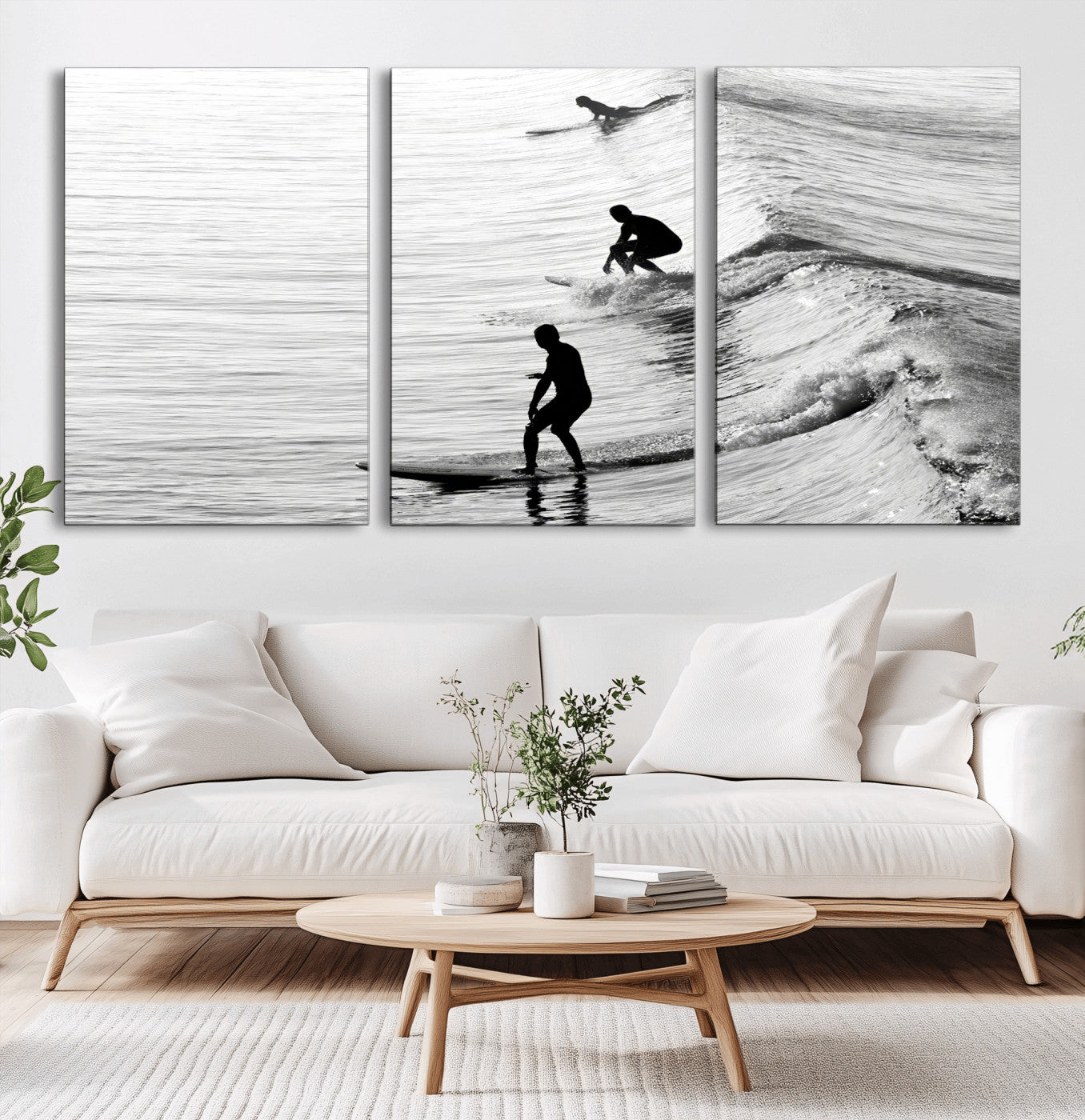 19875284-MGV-CV-60X30-3P-Surfer Waves Wall Art Canvas Print, Framed Black White Surf Art Picture Print, Monochrome Ocean Perfect Modern Coastal Decor
