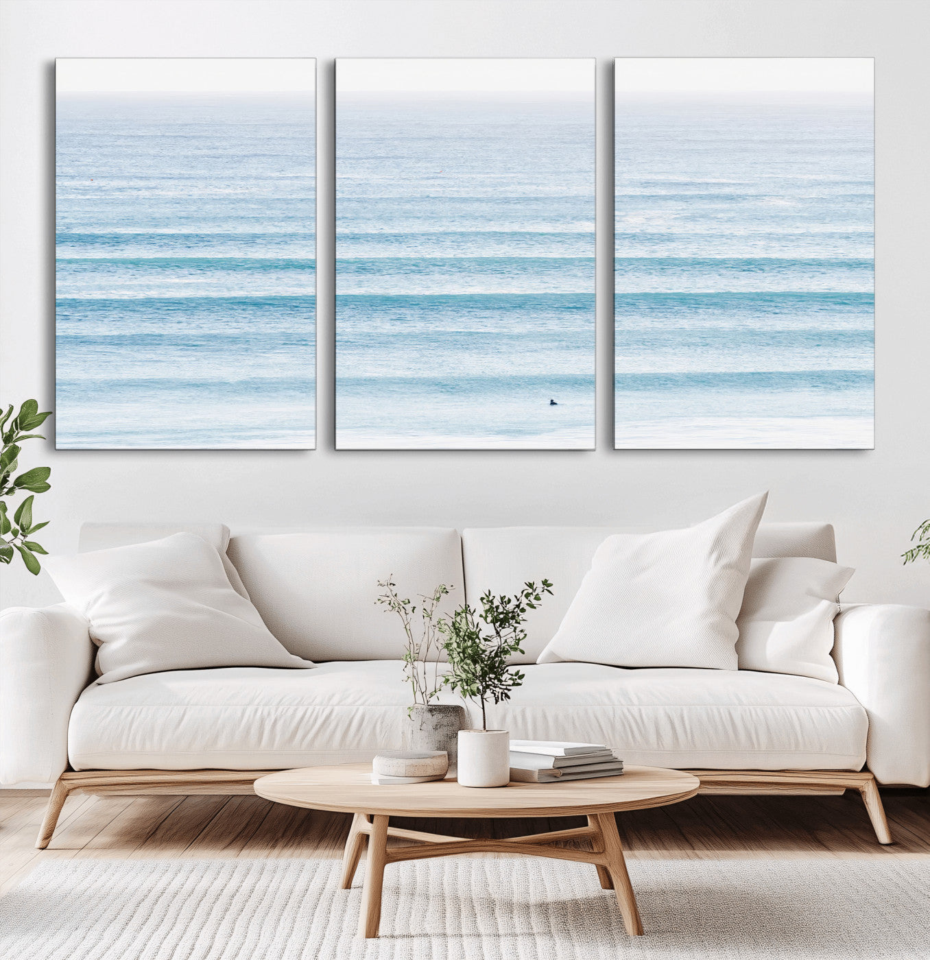 77145995-MGV-CV-36X24-Ocean Simplicity Wall Art Canvas Print, Framed Surfer on Water Art Picture Print, Light Blue Perfect Coastal Minimalist Decor