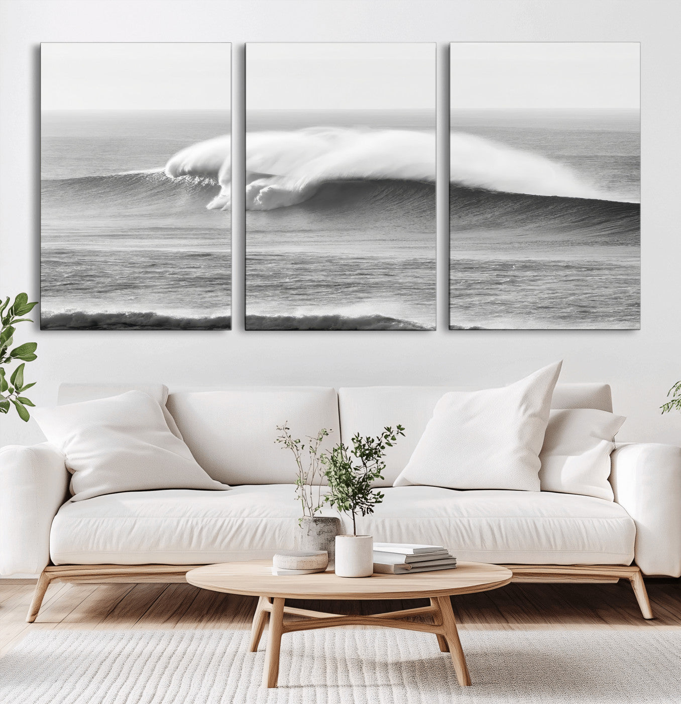 42544082-MGV-CV-36X24-Monochrome Seascape Wall Art Canvas Print, Framed Surf Wave Art Picture Print, Minimalist Ocean Perfect Moody Coastal Decor