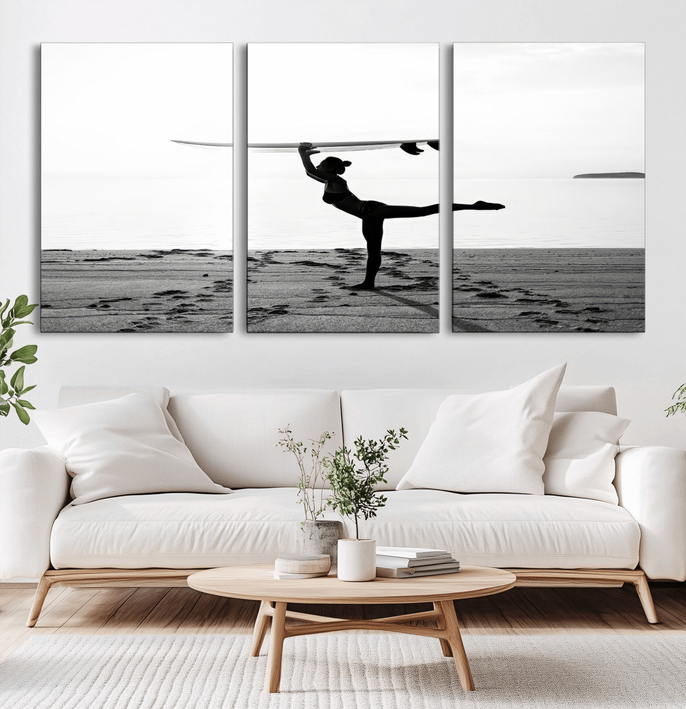 28441356-MGV-CV-60X30-3P-Yoga Surf Wall Art Canvas Print, Framed Black White Shore Art Picture Print, Peaceful Ocean Perfect Minimalist Coastal Decor