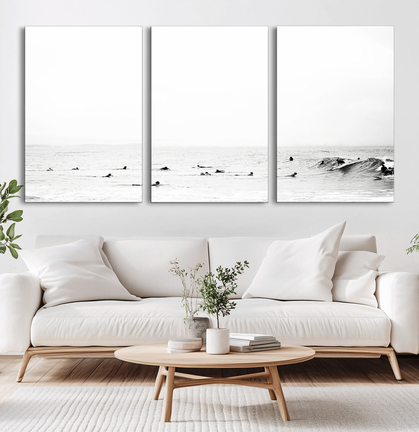38441169-MGV-CV-60X30-3P-Monochrome Swimming Wall Art Canvas Print, Framed Ocean Horizon Art Picture Print, Moody Coastal Perfect Minimalist Coastal Decor