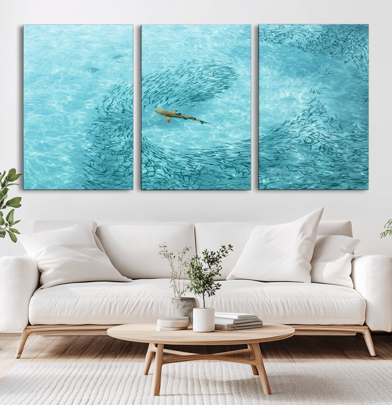 43671474-MGV-CV-36X24-Fish Swarm Wall Art Canvas Print, Framed Marine Life Art Picture Print, Shark Aerial Perfect Wildlife Coastal Decor Artwork