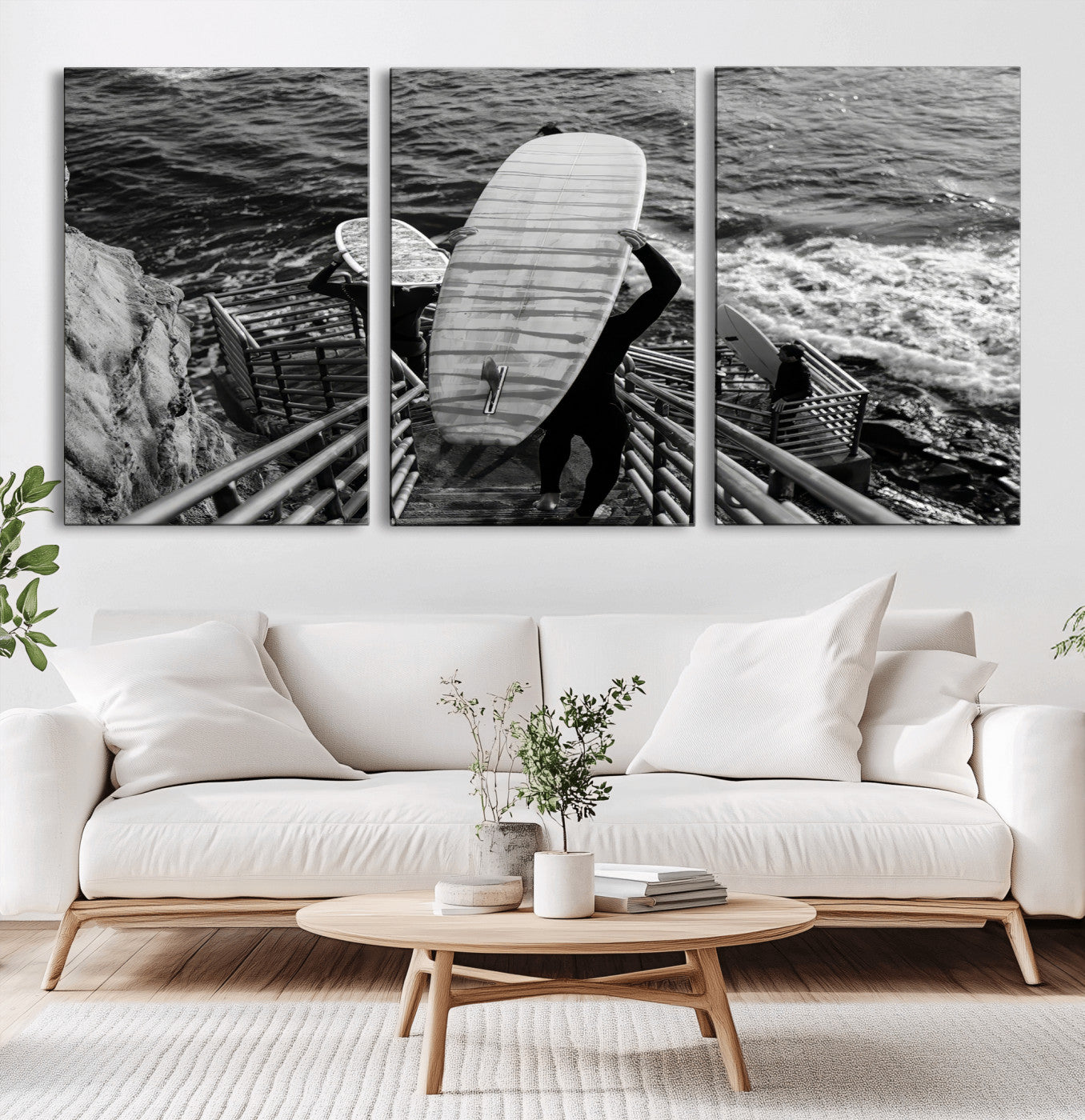 32353707-MGV-CV-36X24-Black White Surfing Wall Art Canvas Print, Framed Coastal Surfing Art Picture Print, Wave Riders Perfect Coastal Adventure Decor