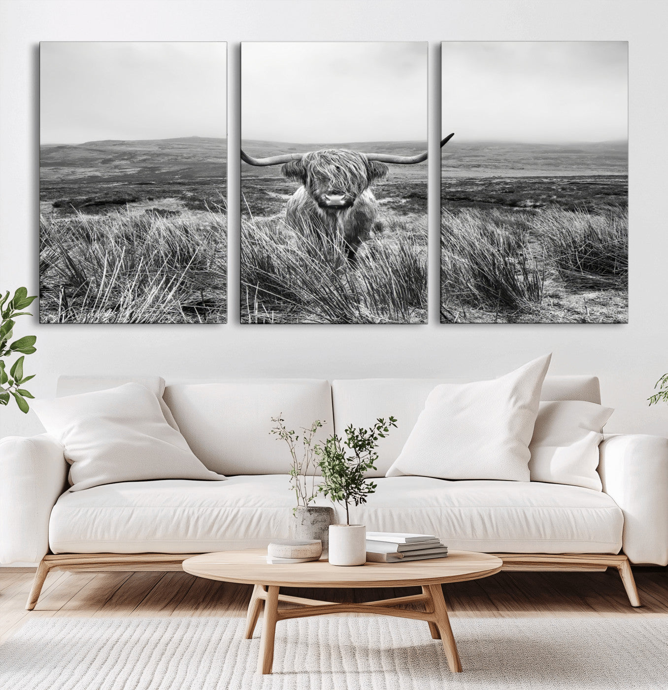 24051061-MGV-CV-60X30-3P-Monochrome Highland Cow Wall Art Canvas Print, Framed Scottish Bull Art Picture Print, Lone Cattle Perfect Rustic Farmhouse Decor