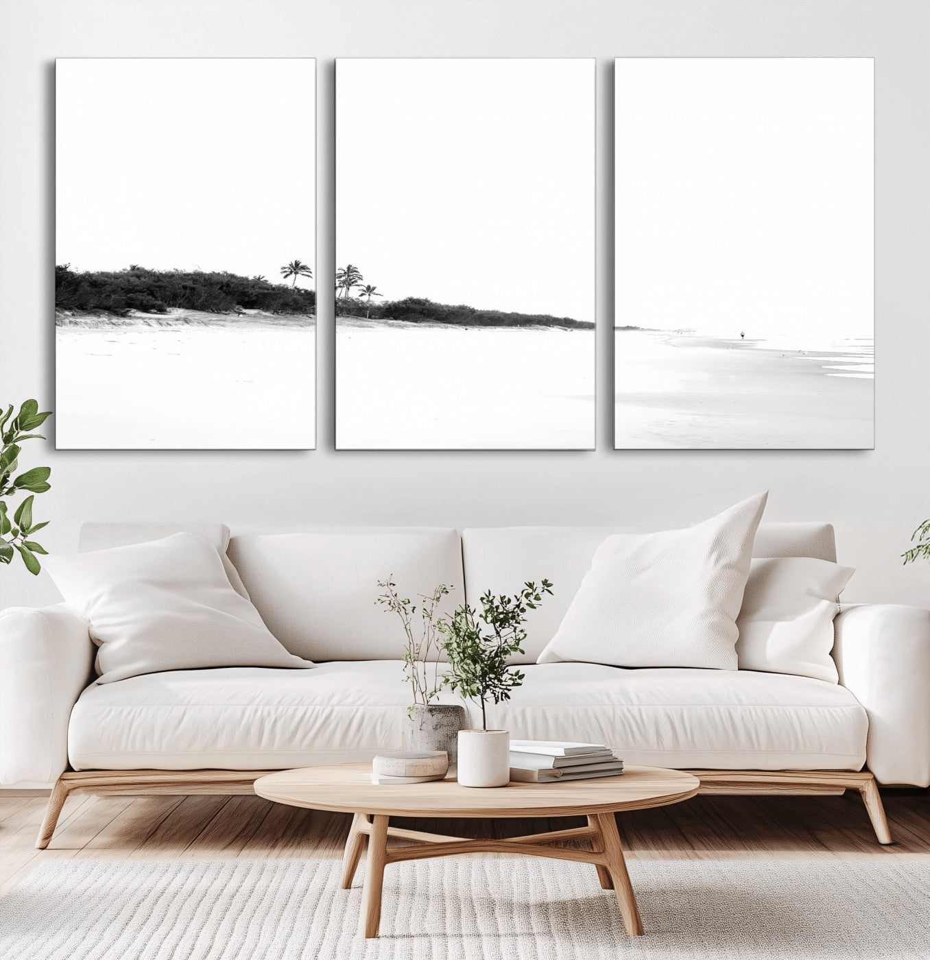 29611516-MGV-CV-60X30-3P-Black White Beach Wall Art Canvas Print, Framed Palm Trees Art Picture Print, Monochrome Tropical Perfect Minimalist Coastal Decor