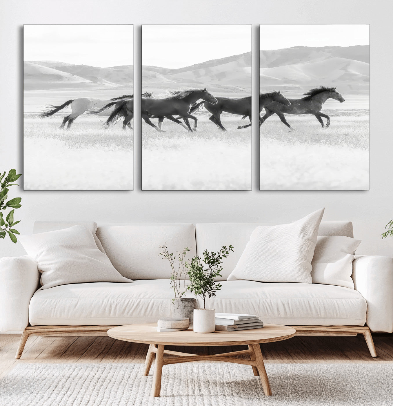 69934913-MGV-CV-36X24-Wild Horses Running Wall Art Canvas Print, Framed Black White Mustangs Art Picture Print, Rustic Western Perfect Rustic Western