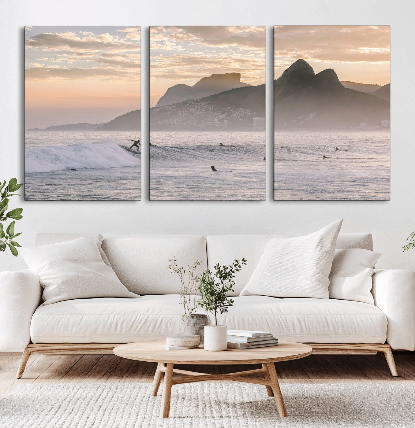 70644906-MGV-CV-36X24-Sunset Surfing Wall Art Canvas Print, Framed Misty Mountains Art Picture Print, Surfer Riding Wave Perfect Coastal Adventure Decor