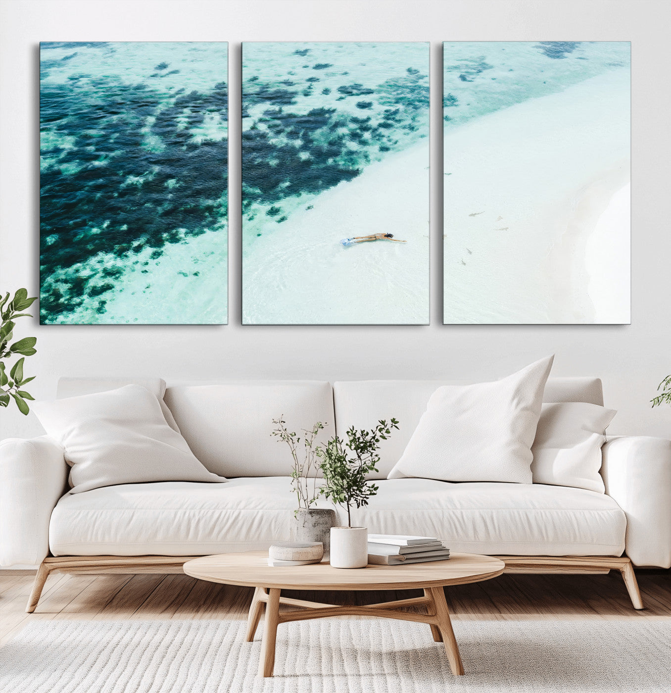 33764764-MGV-CV-60X30-3P-Minimal Beach Wall Art Canvas Print, Framed Ocean Swimming Art Picture Print, Clear Ocean Perfect Minimal Coastal Decor Artwork