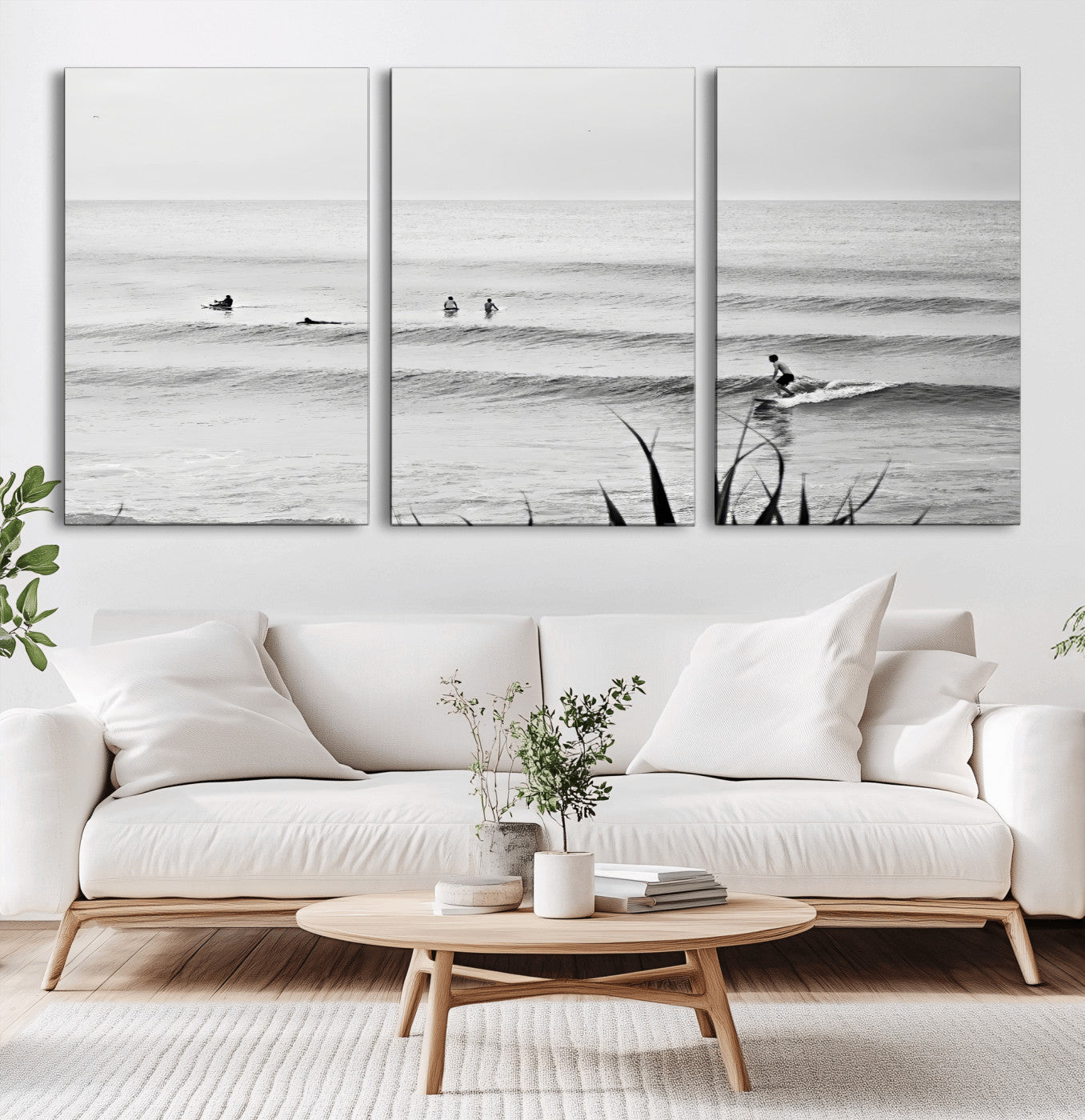 33821421-MGV-CV-60X30-3P-Surfer Silhouette Wall Art Canvas Print, Framed Calm Ocean Art Picture Print, Monochrome Surf Perfect Minimalist Coastal Decor