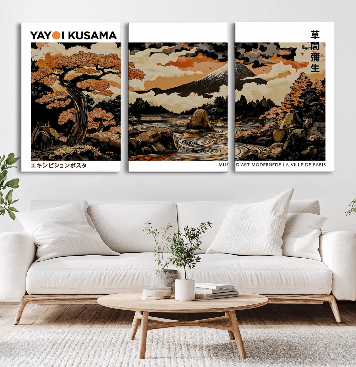 96372548-MGV-CV-36X24-Japanese Landscape Wall Art Print – Mt. Fuji Poster with Bonsai Tree & River, Ukiyo-e Inspired Modern Japanese Artwork, Autumn
