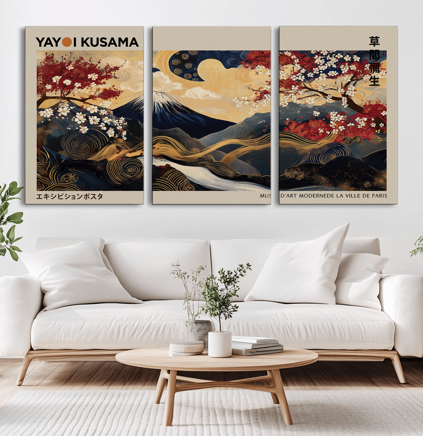 54967195-MGV-CV-36X24-Mount Fuji Wall Art – Japanese Cherry Blossom Abstract Canvas Print, Navy Gold Landscape Painting, Oriental Luxury Home Decor
