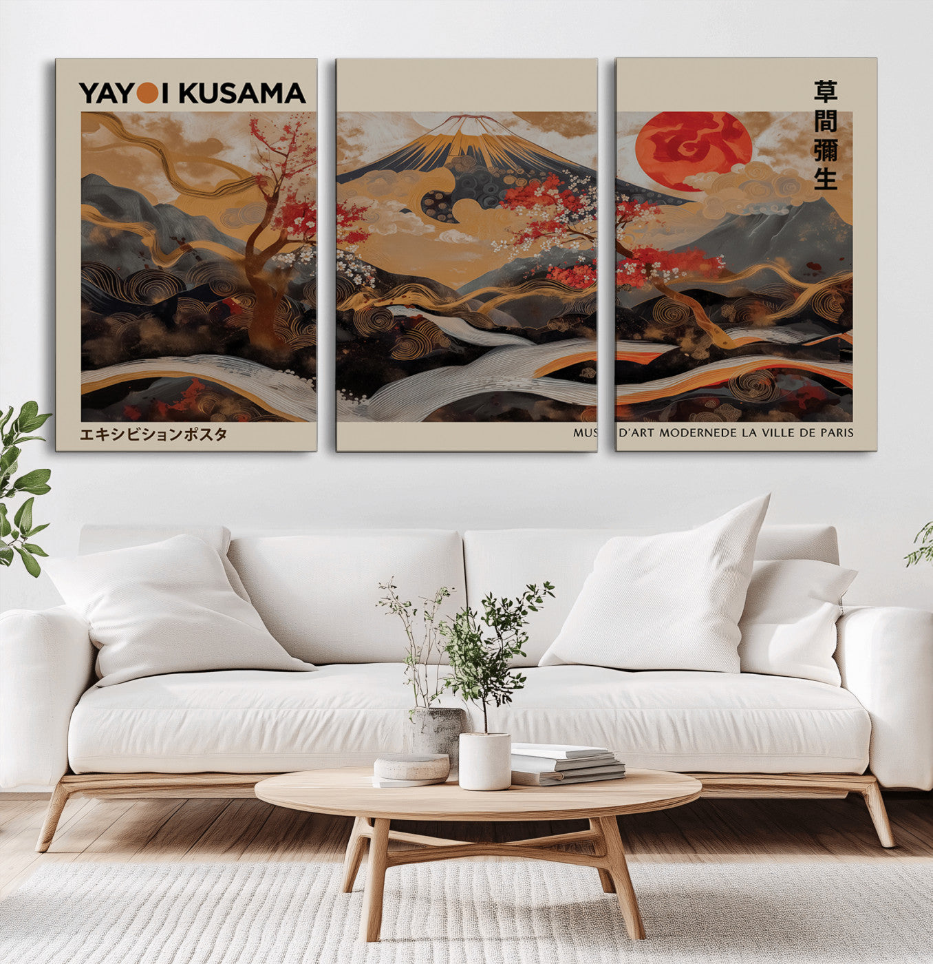 77970791-MGV-CV-36X24-Mount Fuji Golden Abstract Wall Art – Japanese Landscape Canvas Poster, Cherry Blossom & Red Sun Painting, Elegant Zen Oriental