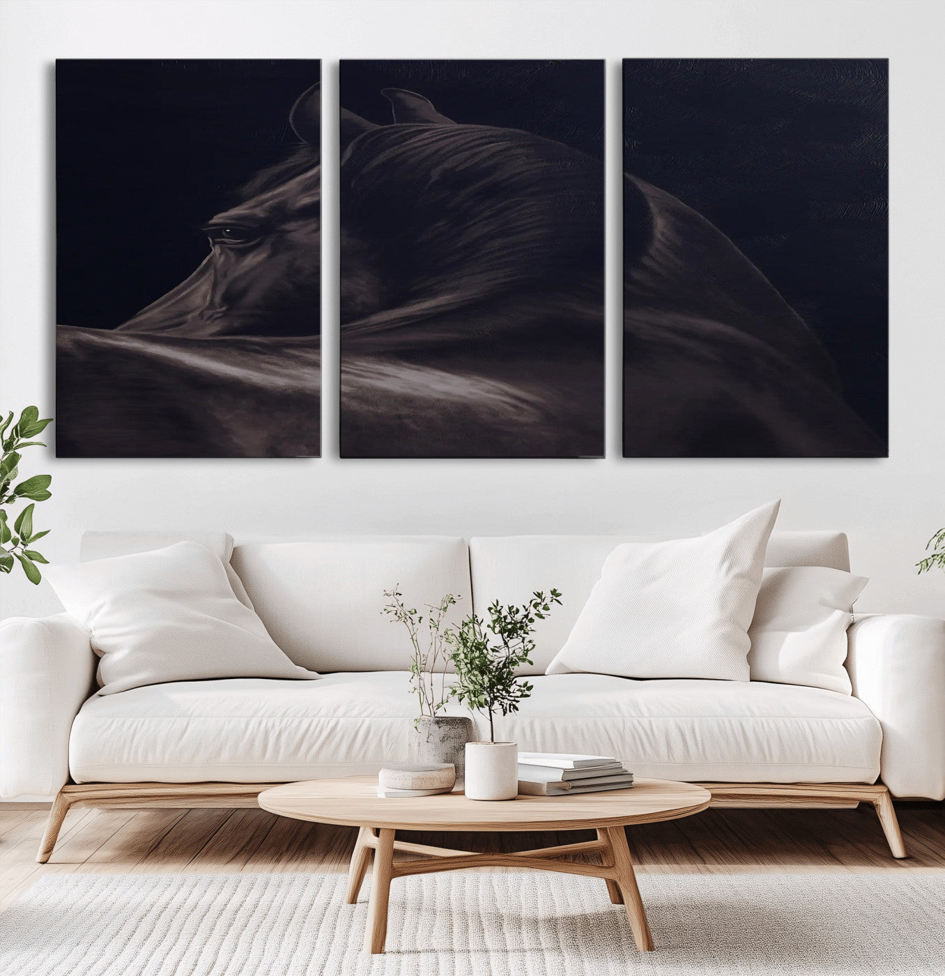 67026880-MGV-CV-60X30-3P-Black Horse Portrait Wall Art Canvas Print, Framed Moody Horse Decor Art Picture Print, Equestrian Wall Style Perfect Masculine