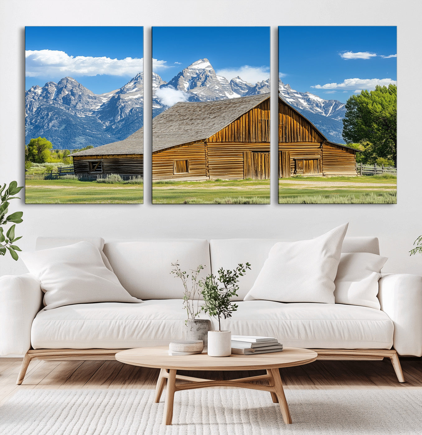 75948467-MGV-CV-60X30-3P-Mountain Barn Scene Wall Art Canvas Print, Framed Rustic Farmhouse Style Art Picture Print, Country Cabin Decor Perfect Rustic
