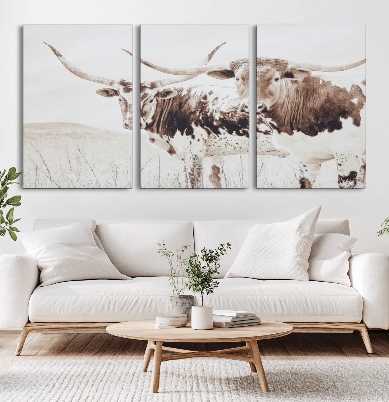 48161868-MGV-CV-36X24-Longhorn Cow Decor Wall Art Canvas Print, Framed Rustic Cattle Art Picture Print, Sepia Western Vibe Perfect Neutral Rustic