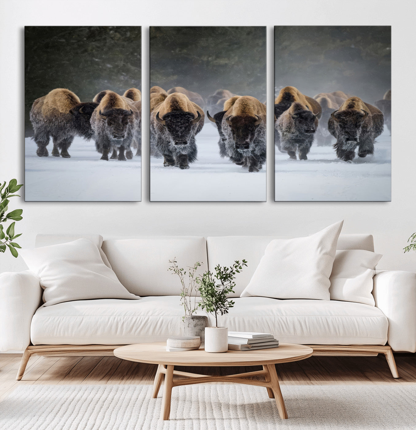 41669135-MGV-CV-36X24-Bison Herd Scene Wall Art Canvas Print, Framed Rustic Wildlife Decor Art Picture Print, Snowy Bison Landscape Perfect Rustic