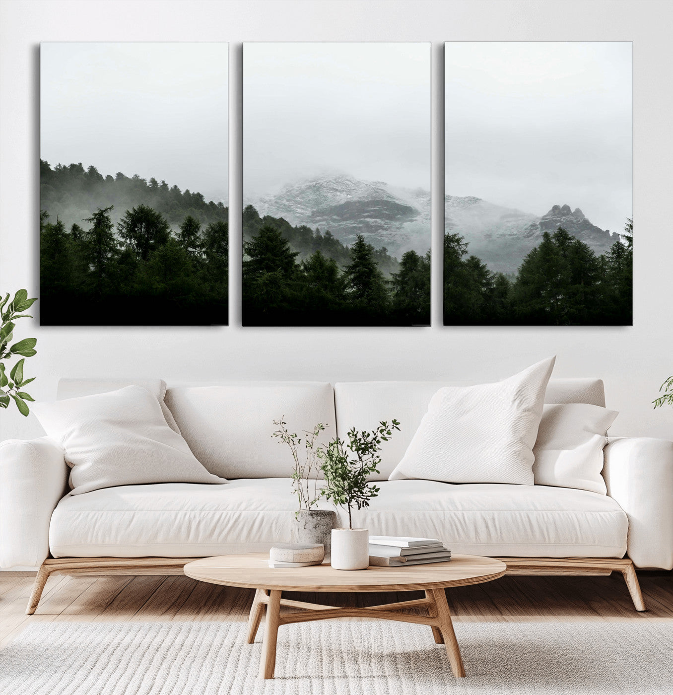 55968349-MGV-CV-36X24-Misty Mountains Wall Art Canvas Print, Framed Foggy Forest Art Picture Print, Snowy Peaks Perfect Moody Wilderness Decor Artwork