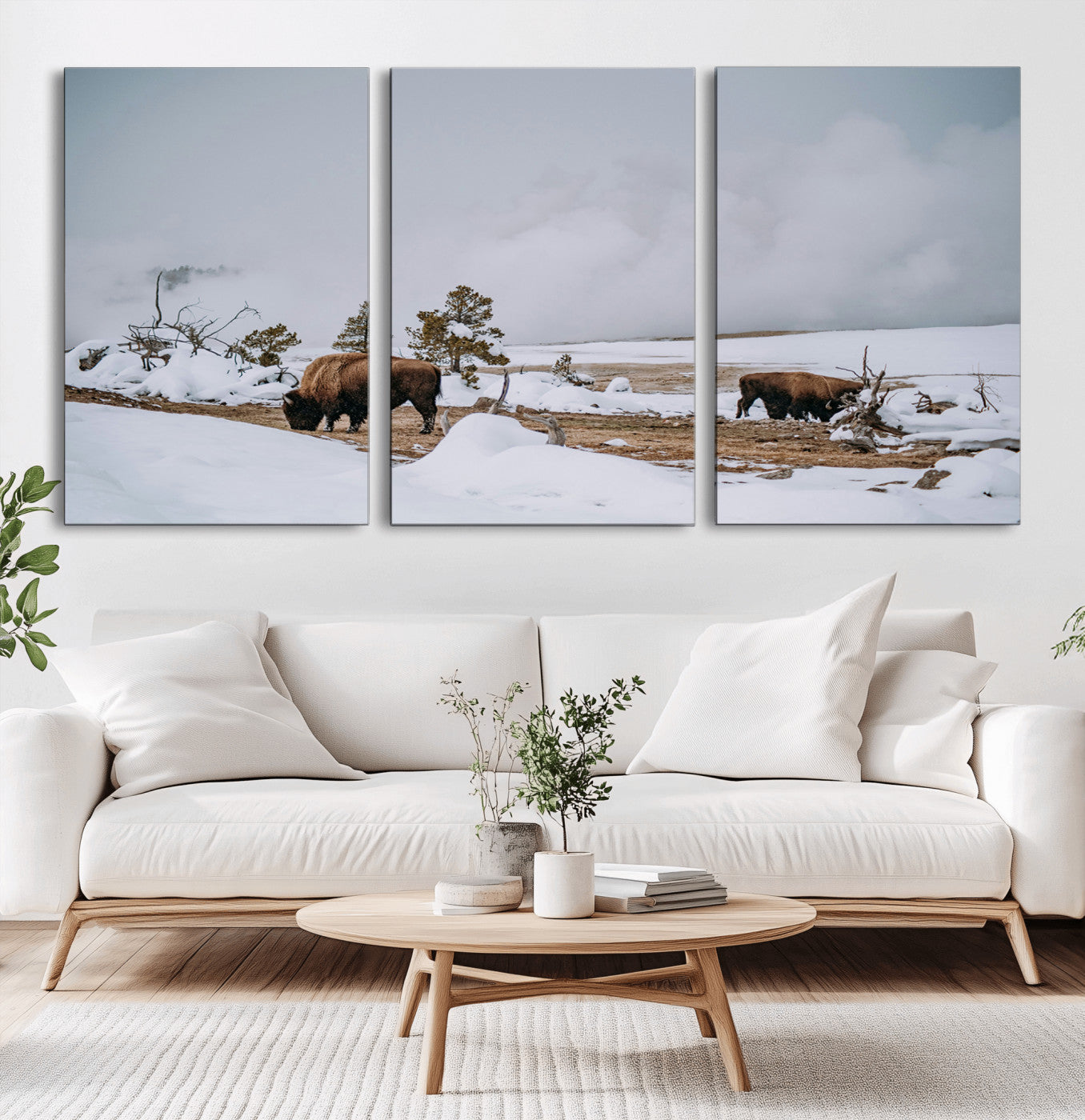 60308289-MGV-CV-36X24-Bison Wildlife Wall Art Canvas Print, Framed Snowy Prairie Art Picture Print, Western Landscape Perfect Rustic Winter Decor