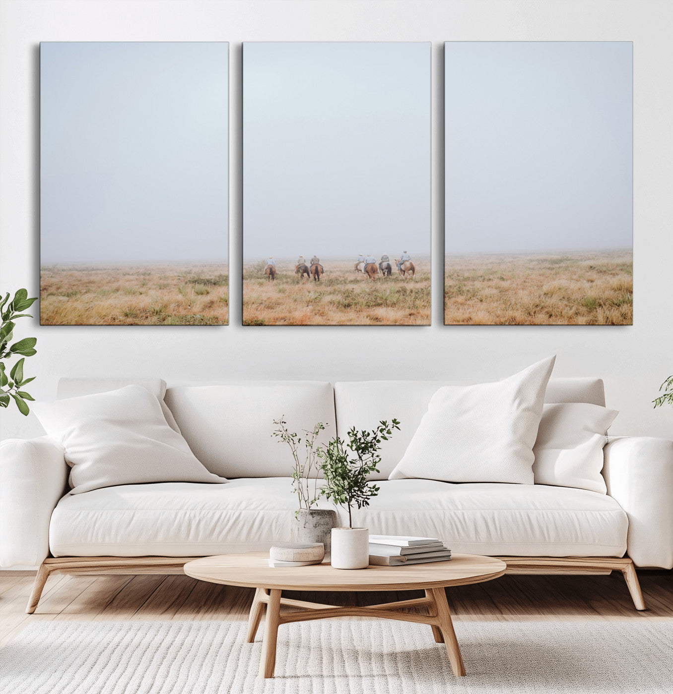 14761944-MGV-CV-36X24-Foggy Plains Wall Art Canvas Print, Framed Horseback Riders Art Picture Print, Rustic Western Perfect Rustic Western Decor Artwork