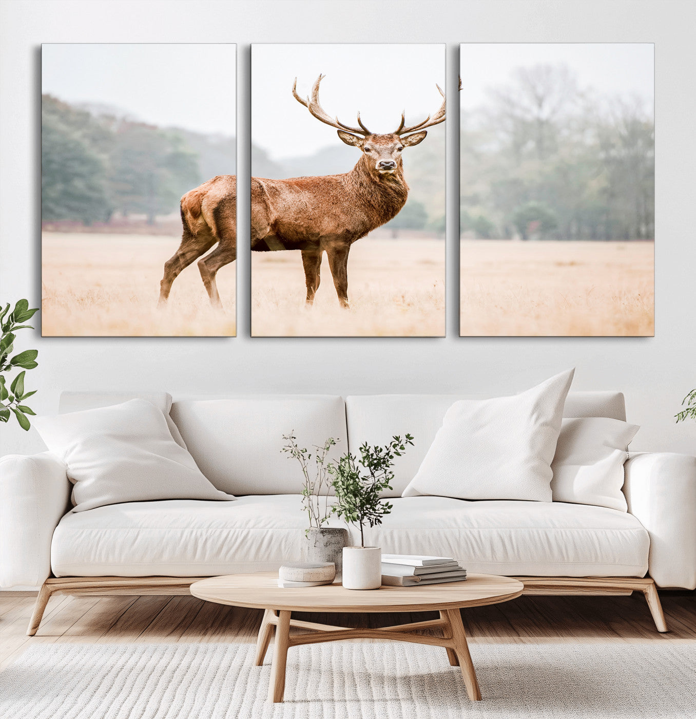 86502413-MGV-CV-36X24-Vintage Wildlife Art Wall Art Canvas Print, Framed Misty Landscape Art Picture Print, Deer Wall Art Perfect Rustic Wildlife Decor