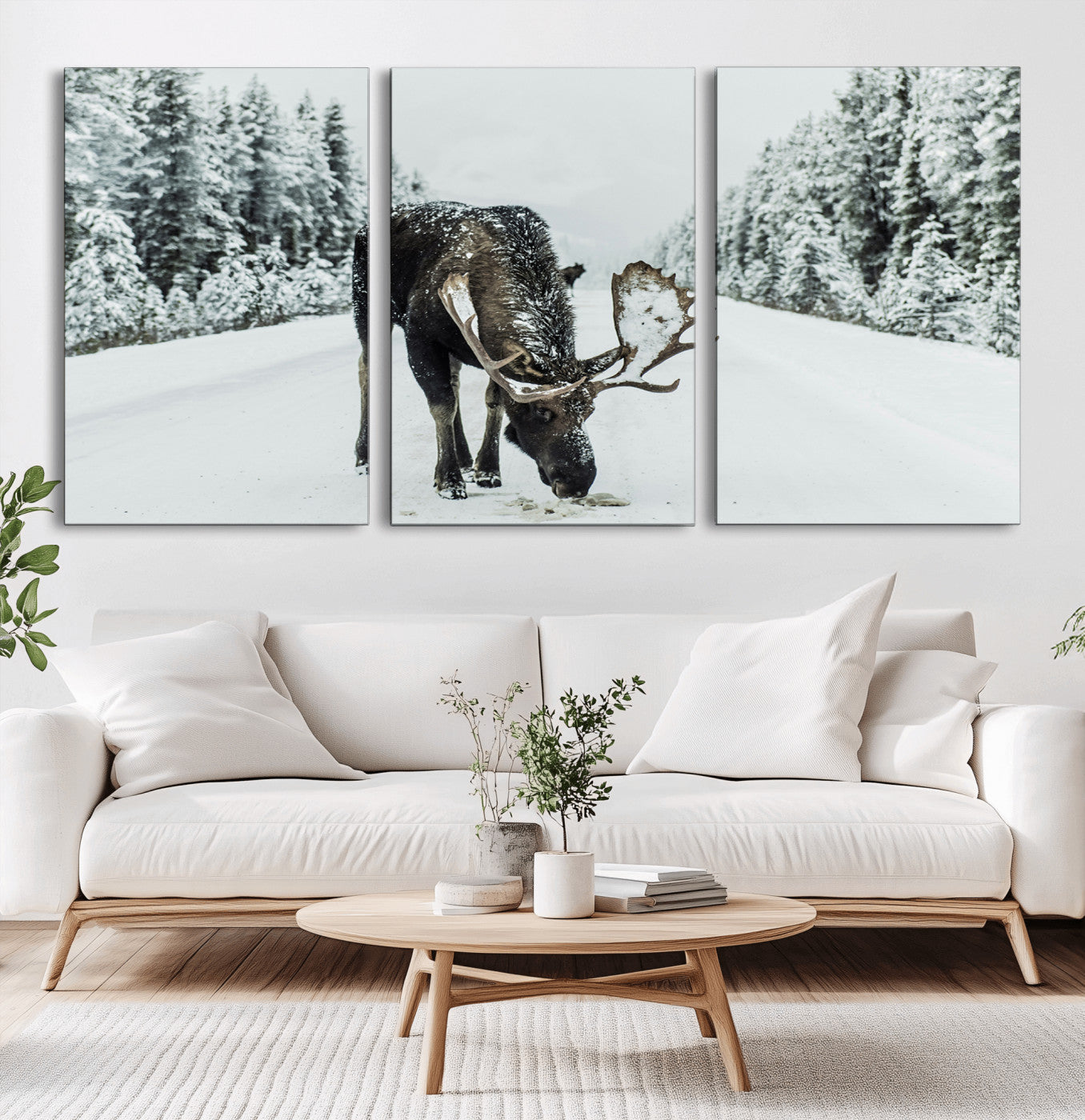 13316292-MGV-CV-36X24-Moose in Snow Wall Art Canvas Print, Framed Winter Wildlife Art Picture Print, Snowy Forest Scene Perfect Rustic Lodge Decor