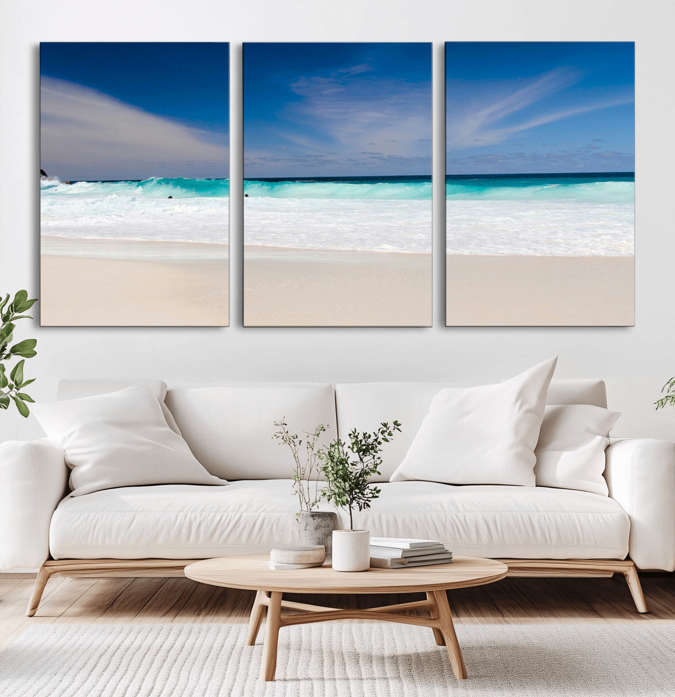 55017356-MGV-CV-36X24-Ocean Beach Wall Art – Turquoise Wave and White Sand Shoreline Canvas Print, Coastal Seascape Photography Decor for Living Room,