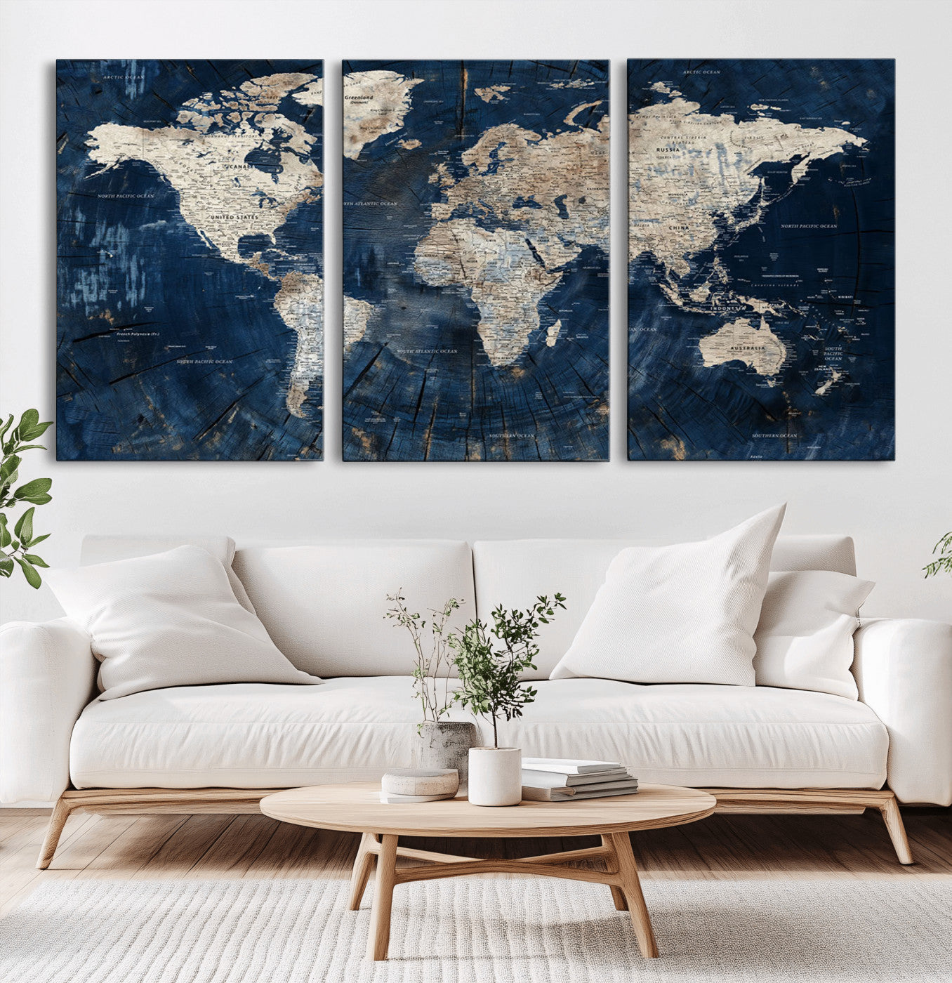 83103453-MGV-CV-36X24-Rustic Blue World Map Wall Art – Vintage Style Travel Decor – Large Canvas Map with Wood Texture Background for Office, Study, or