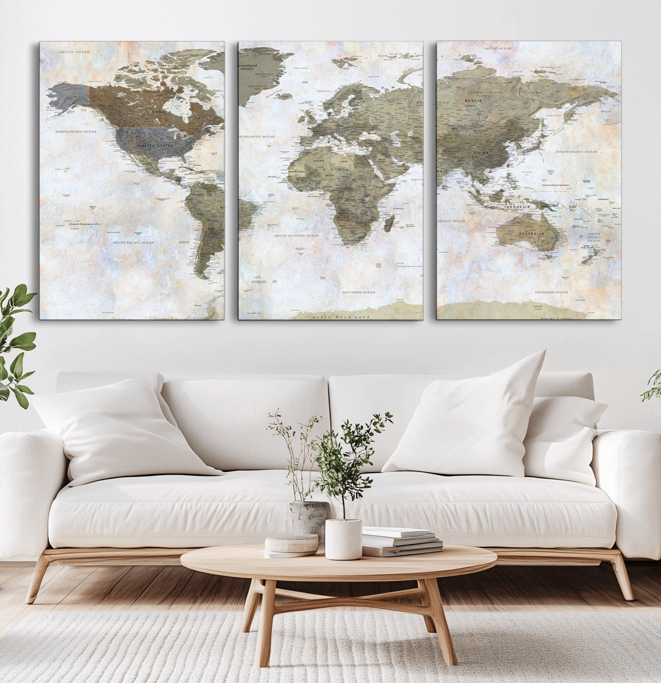 49530522-MGV-CV-36X24-Earthy Vintage World Map Wall Art – Rustic Pastel Toned Atlas – Large Canvas Travel Decor for Study, Living Room, or Office Wall
