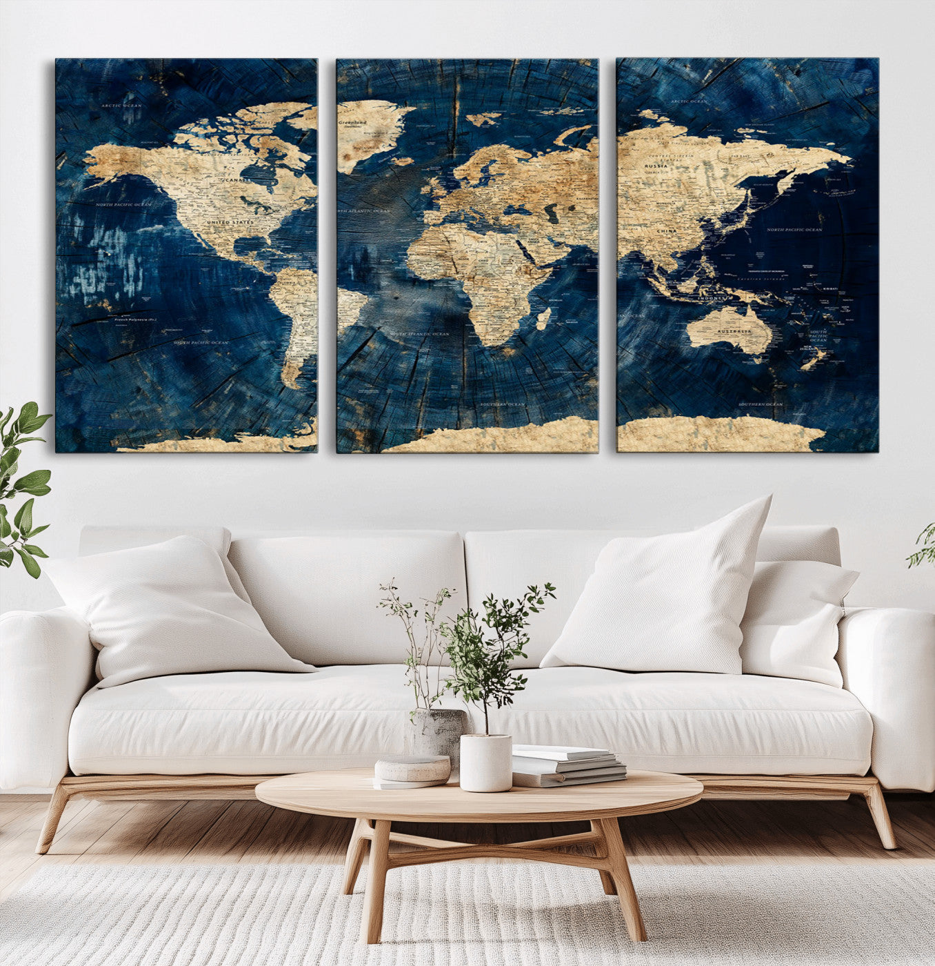 73616895-MGV-CV-36X24-Navy Blue and Gold World Map Wall Art – Rustic Explorer Atlas Distressed Canvas – Vintage Inspired Statement Decor for Home or