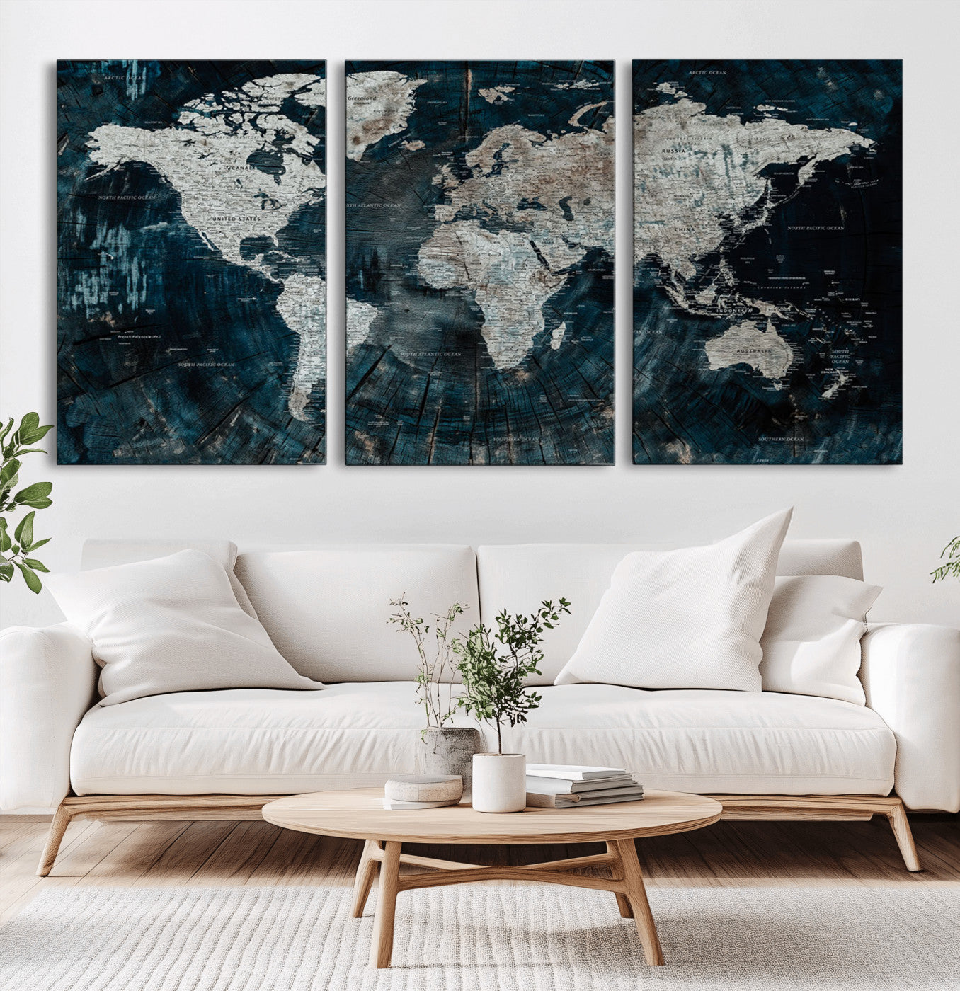 34425609-MGV-CV-36X24-World Map Wall Art – Rustic Navy and Grey Atlas Canvas Print, Distressed Explorer Map Artwork, Industrial Style Decor for Office,