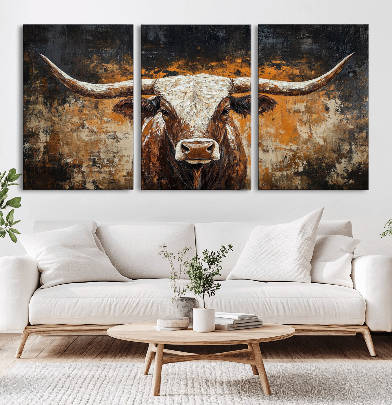 25265572-MGV-CV-36X24-Longhorn Bull Wall Art – Rustic Western Texas Steer Canvas Print, Textured Animal Painting for Home, Office, Man Cave or Farmhouse