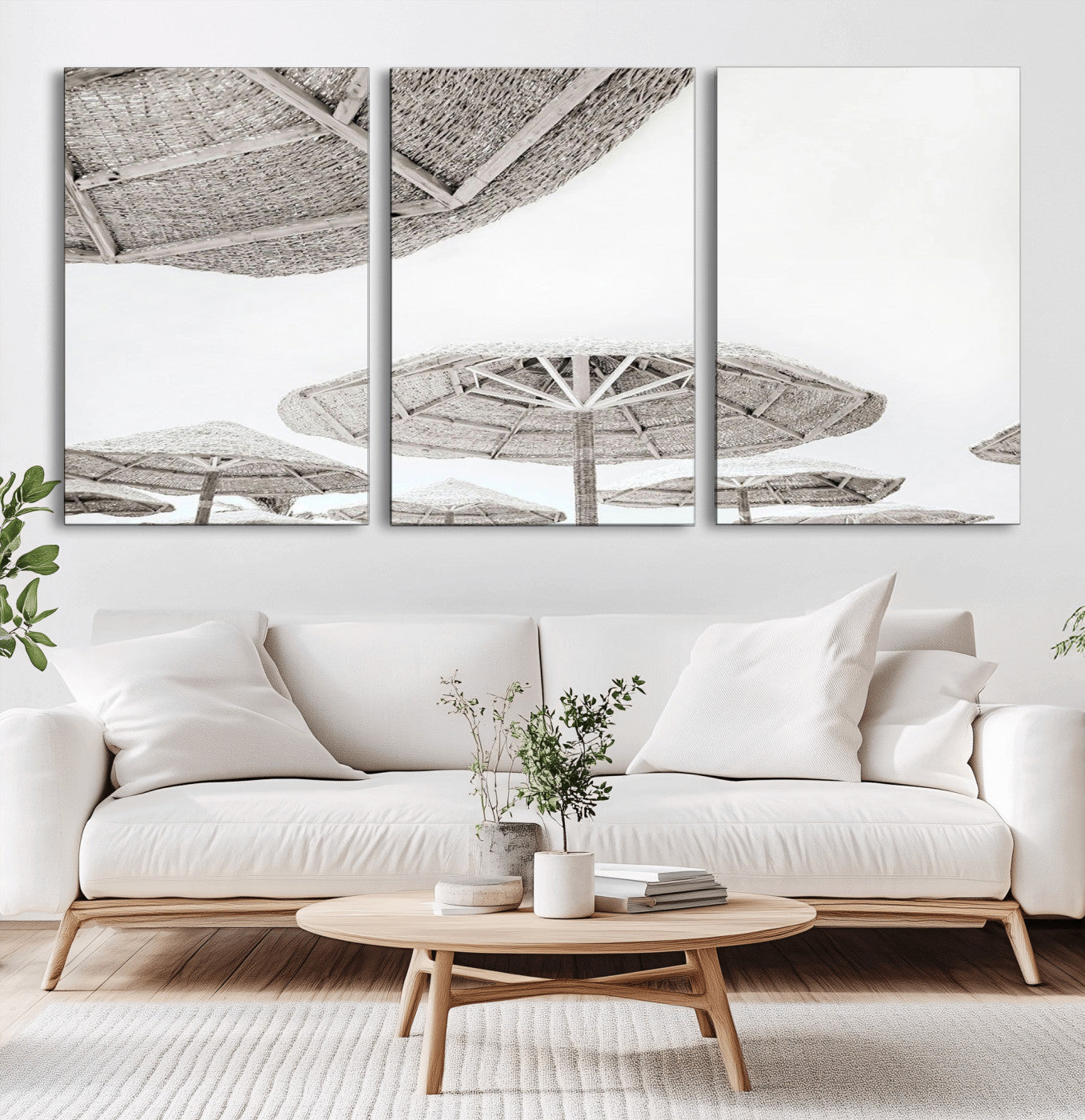 97043123-MGV-CV-36X24-Beach Umbrella Wall Art – Minimalist Coastal Canvas Print, Woven Parasol Summer Decor for Bedroom, Living Room, or Modern Beach