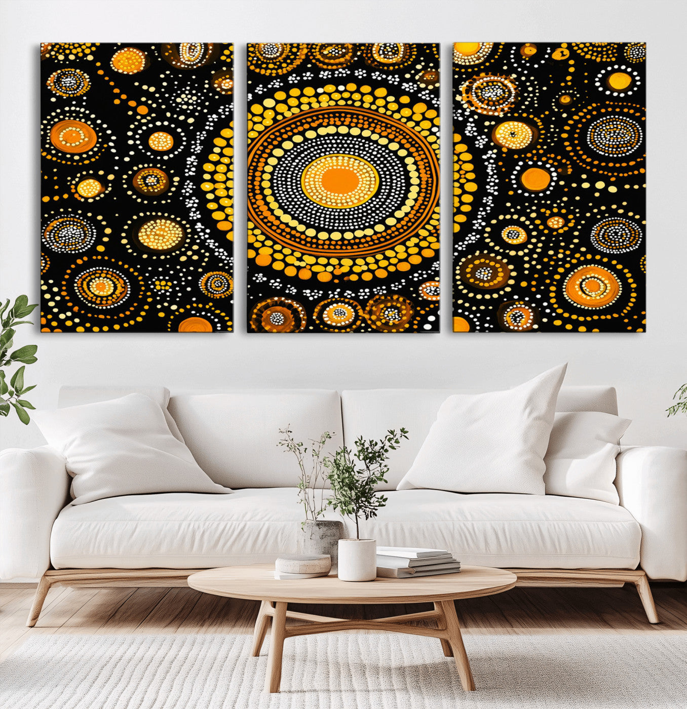 45478523-MGV-CV-36X24-Abstract Circle Wall Art – Bold Black and Gold Dot Painting Canvas Print, Modern Geometric Mandala Style Decor for Living Room or