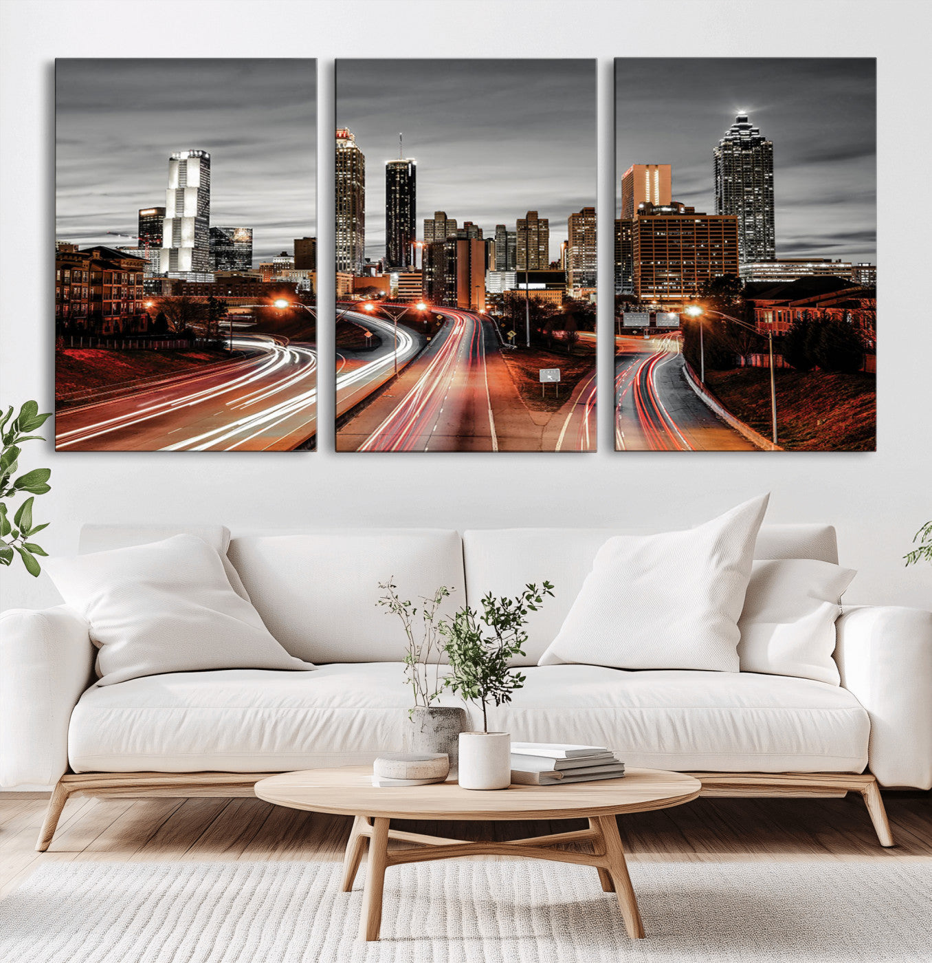 59097239-MGV-CV-36X24-City Skyline Wall Art – Modern Black and White Night Canvas Print with Red Light Trails, Urban Landscape Decor for Living Room or