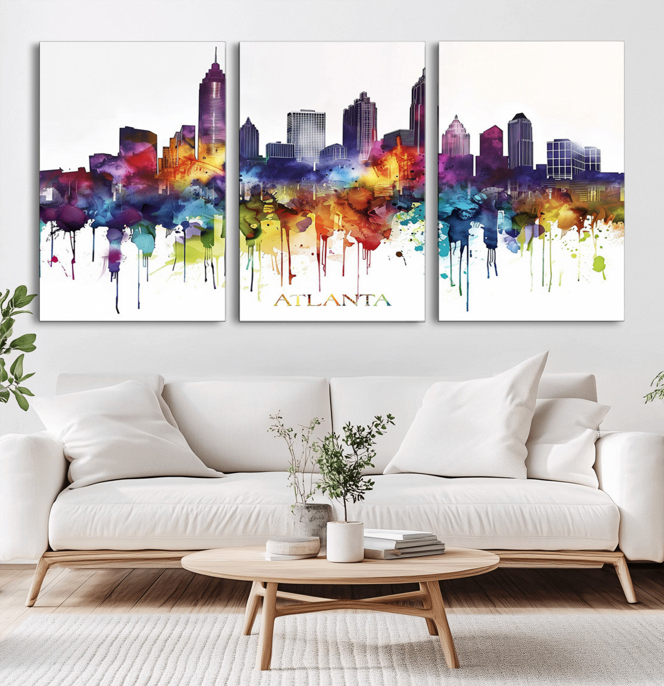 36048320-MGV-CV-36X24-Atlanta Skyline Wall Art – Colorful Watercolor Cityscape Canvas Print with Text, Modern Abstract Urban Decor for Apartment or