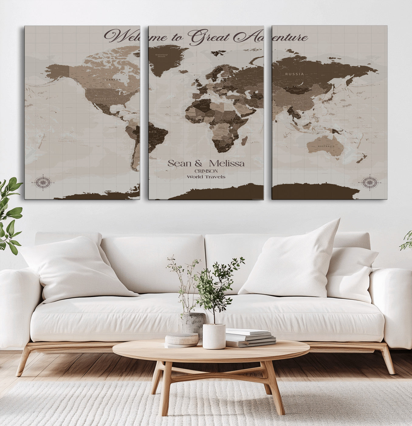 49871705-MGV-CV-36X24-Welcome to Great Adventure World Map Wall Art – Vintage Sepia Travel Canvas Print, Rustic Explorer Decor for Living Room, Bedroom