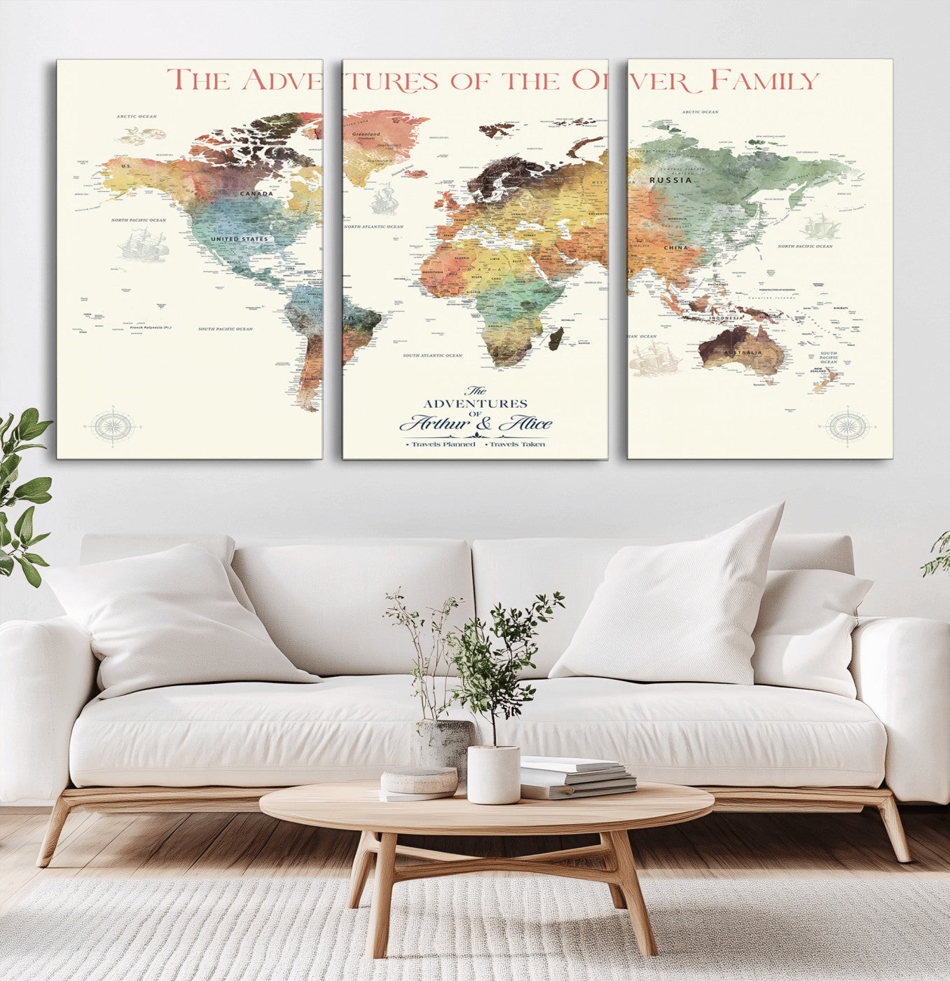 81112187-MGV-CV-36X24-Colorful Watercolor World Map Wall Art – Adventure Travel Canvas Print, Vintage Explorer Map Decor for Living Room, Study, Office,