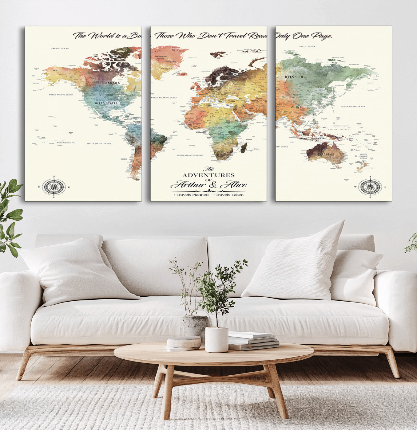 40183091-MGV-CV-36X24-Watercolor Pastel World Map Wall Art – Adventure Travel Canvas Print, Inspirational Quote Map Decor for Living Room, Office,