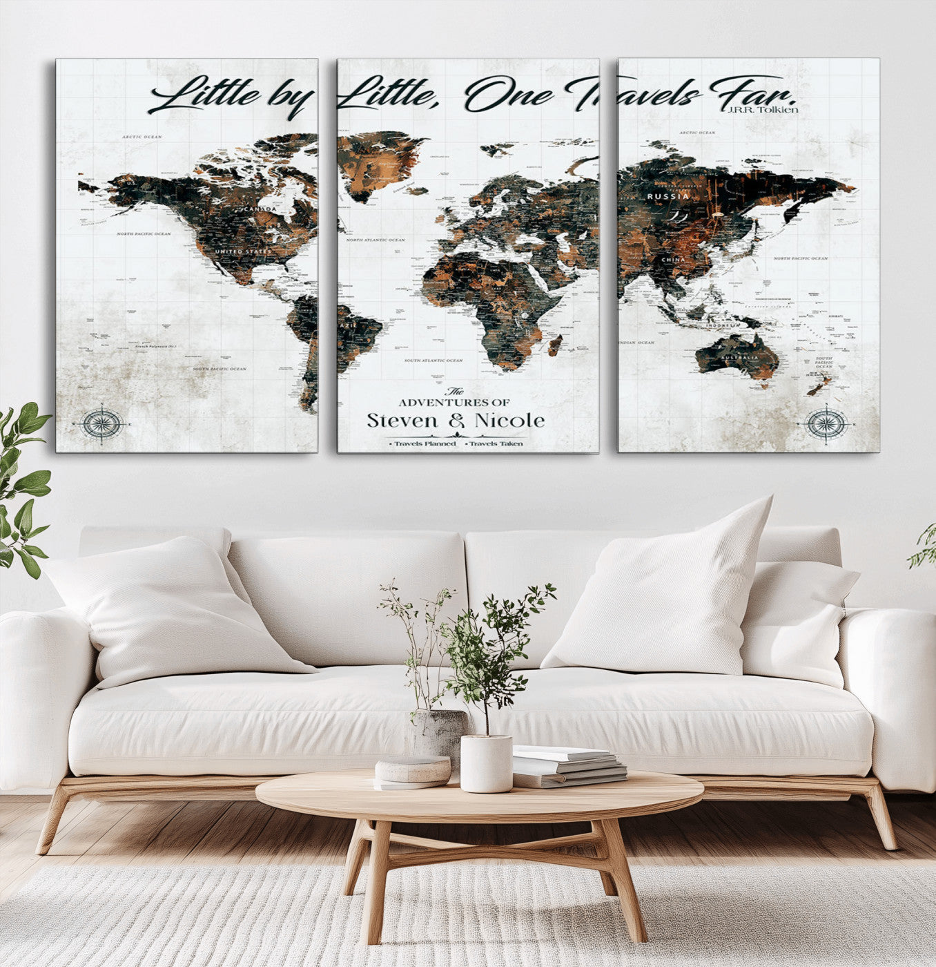 88337180-MGV-CV-36X24-Little by Little One Travels Far Tolkien Quote World Map Rustic Black Brown Adventure Wall Art Canvas Print for Home Office Living