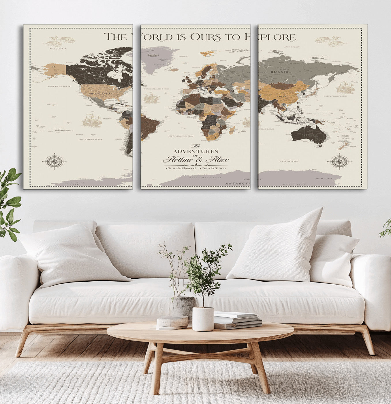 90024882-MGV-CV-36X24-The World is Ours to Explore Wall Art – Earth Tone World Map Canvas Print, Adventure Travel Decor for Living Room, Office or