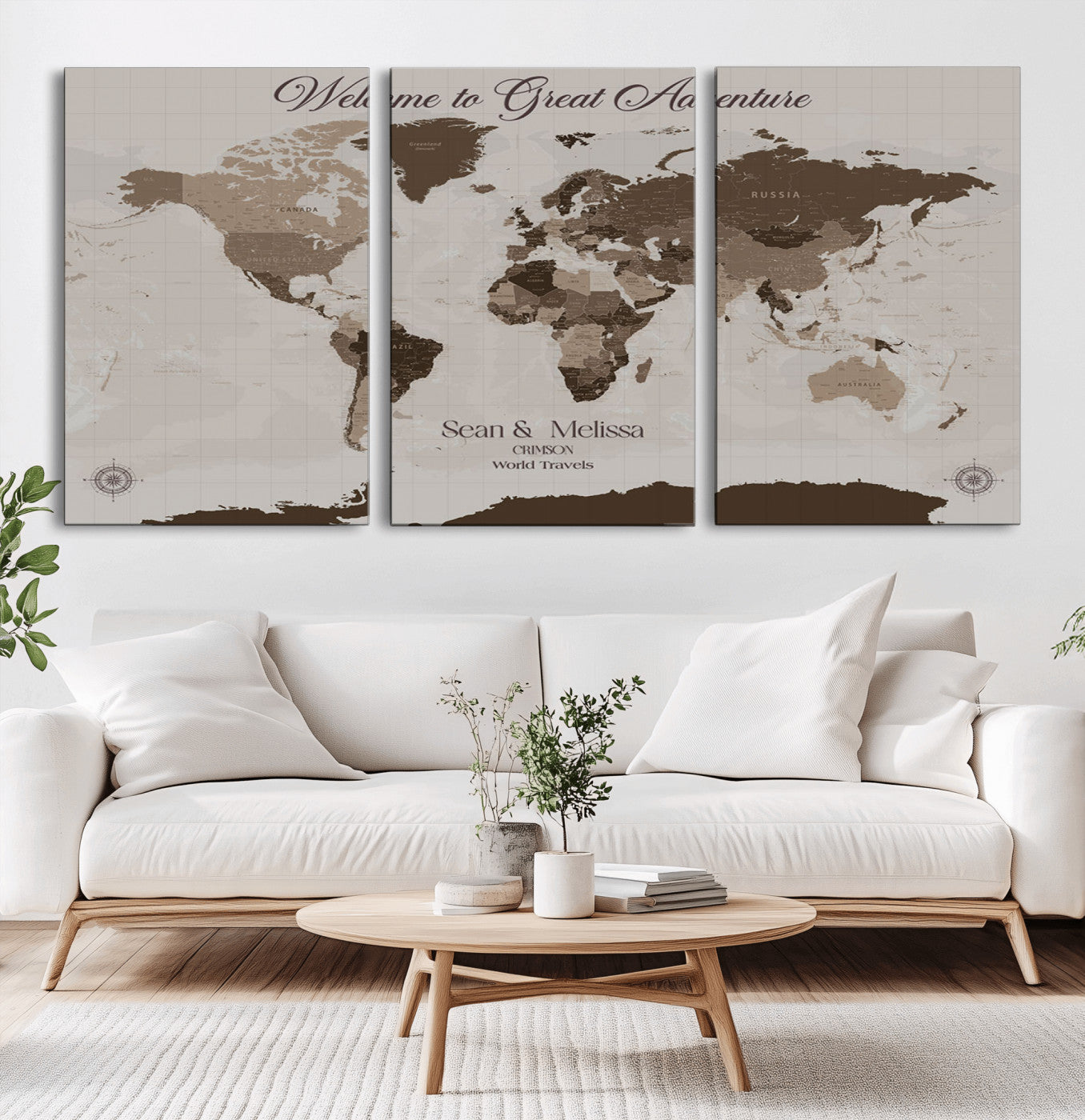 26961599-MGV-CV-36X24-Welcome to Great Adventure Wall Art – Vintage Sepia World Map Canvas Print, Rustic Travel Decor for Living Room, Bedroom, Office