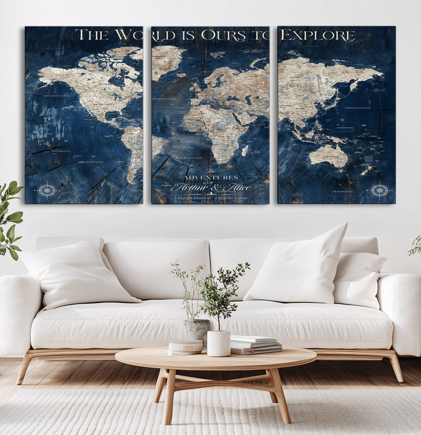 31074501-MGV-CV-36X24-Rustic Blue World Map Wall Art – Explorer Style Canvas Print, Vintage Travel Decor for Living Room, Study, Office or Wanderlust