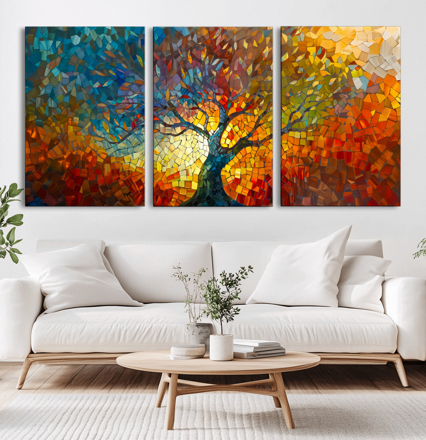 Mozaik2-MGV-CV-36X24-Mosaic Abstract Tree Wall Art – Vibrant Stained Glass Style Painting, Colorful Nature Artwork on Canvas, Modern Living Room
