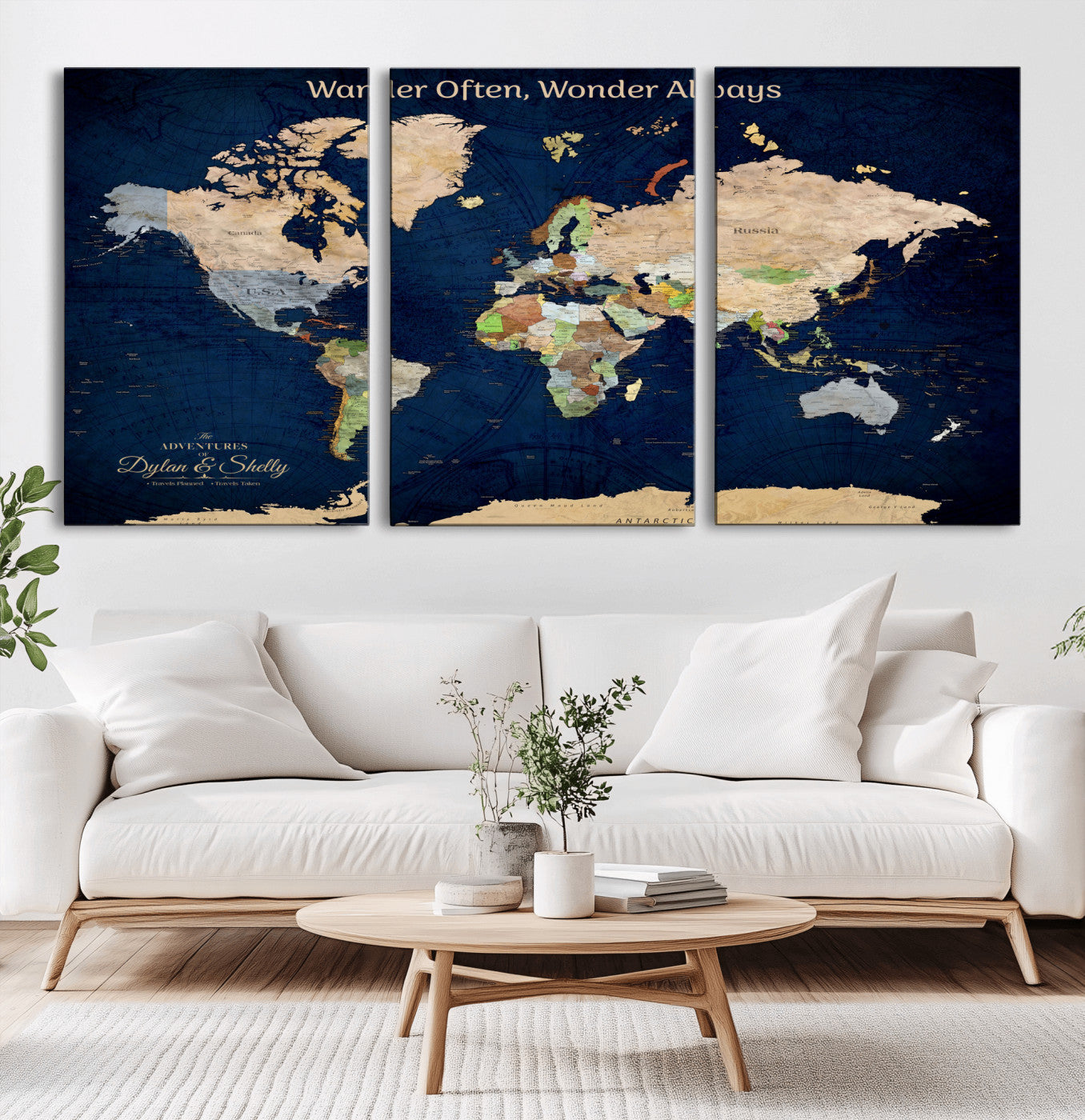 12399561-MGV-CV-36X24-World Map Wall Art – Wander Often Wonder Always Canvas Print, Vintage Travel Inspired Push Pin Map Decor for Living Room, Office,