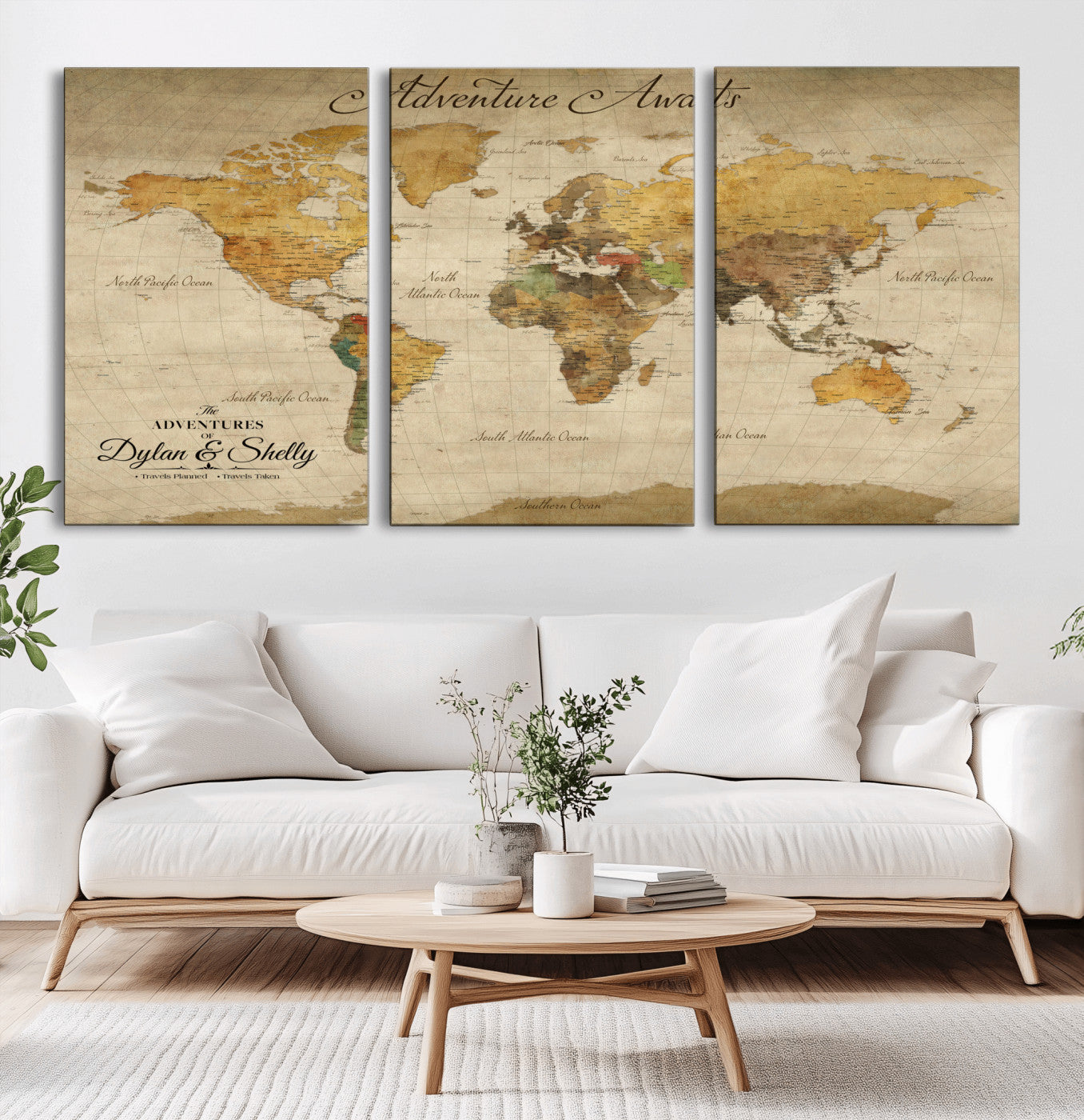 50298017-MGV-CV-36X24-World Map Wall Art – Adventure Awaits Vintage Travel Canvas Print, Rustic Push Pin Map Décor for Living Room, Office, Bedroom
