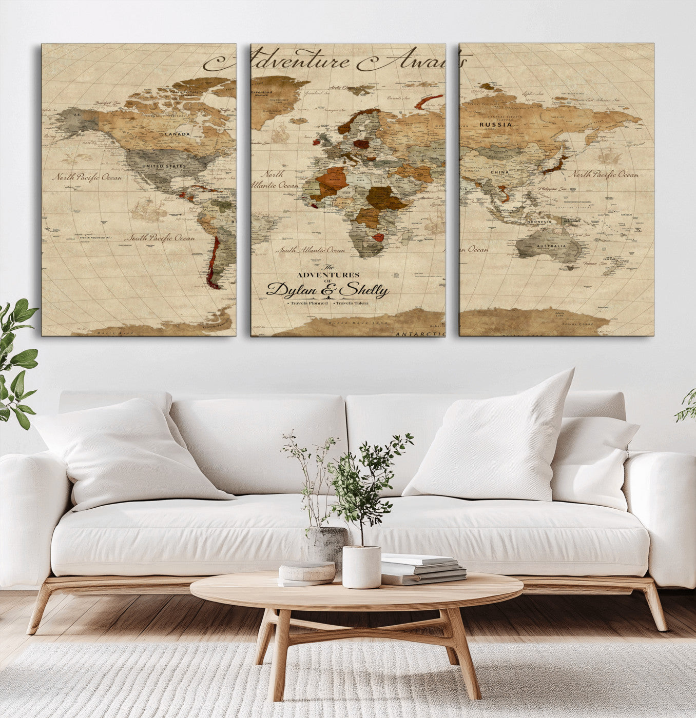 29054239-MGV-CV-36X24-Vintage World Map Wall Art – Antique Adventure Awaits Push Pin Canvas Print, Rustic Travel Map Décor for Living Room, Office,
