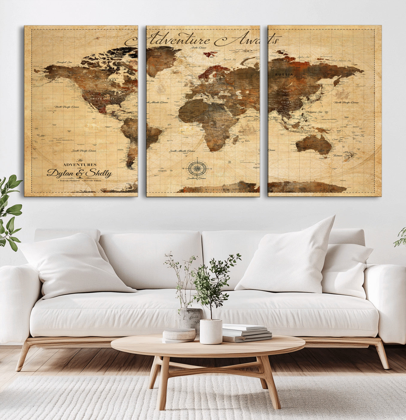 57497711-MGV-CV-36X24-Adventure Awaits World Map Wall Art – Rustic Vintage Travel Push Pin Canvas Print, Wanderlust Decor for Living Room, Office,