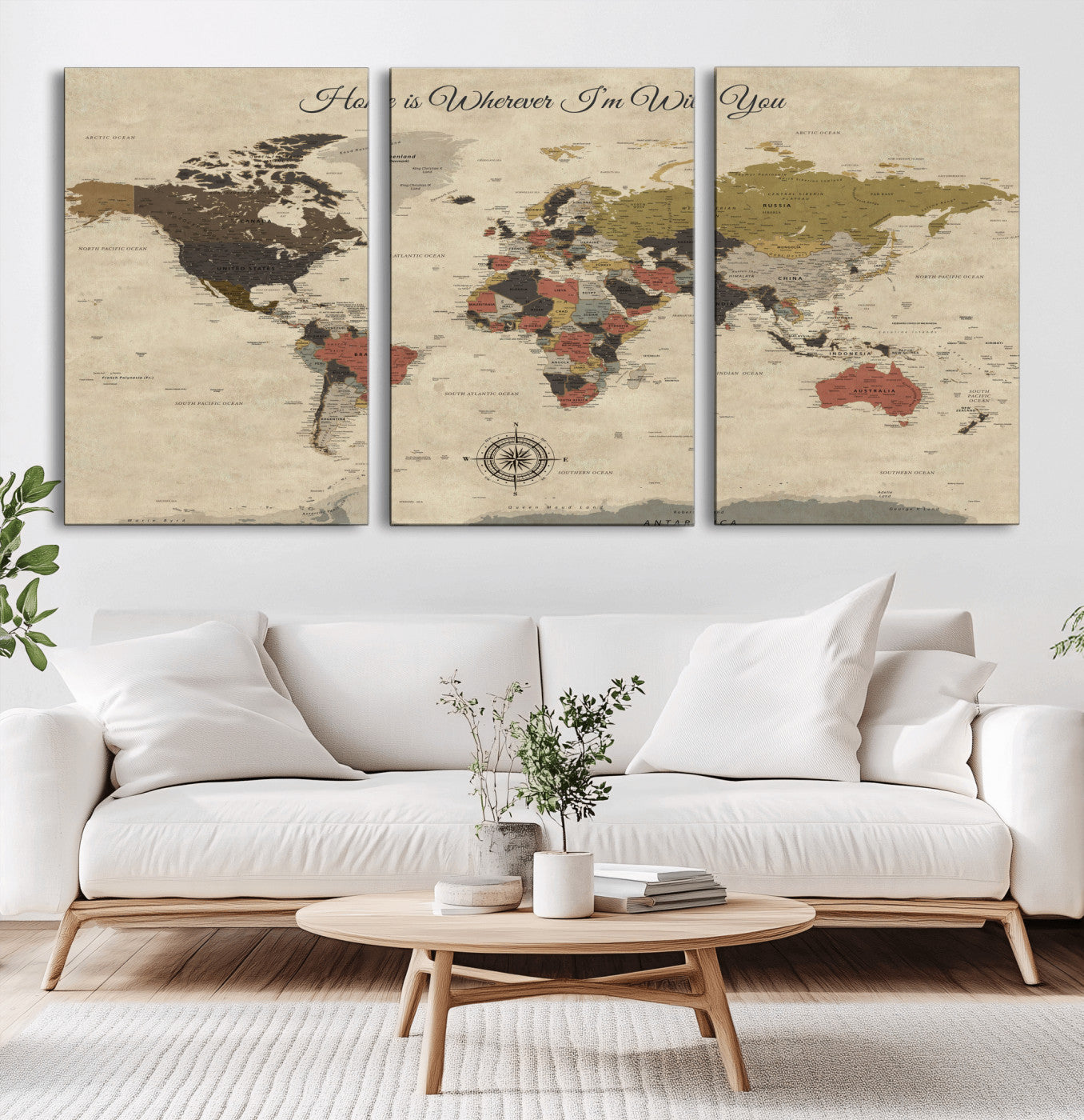 89242247-MGV-CV-36X24-World Map Wall Art – Rustic Vintage Travel Canvas Print, Push Pin Adventure Decor for Bedroom, Office, Living Room