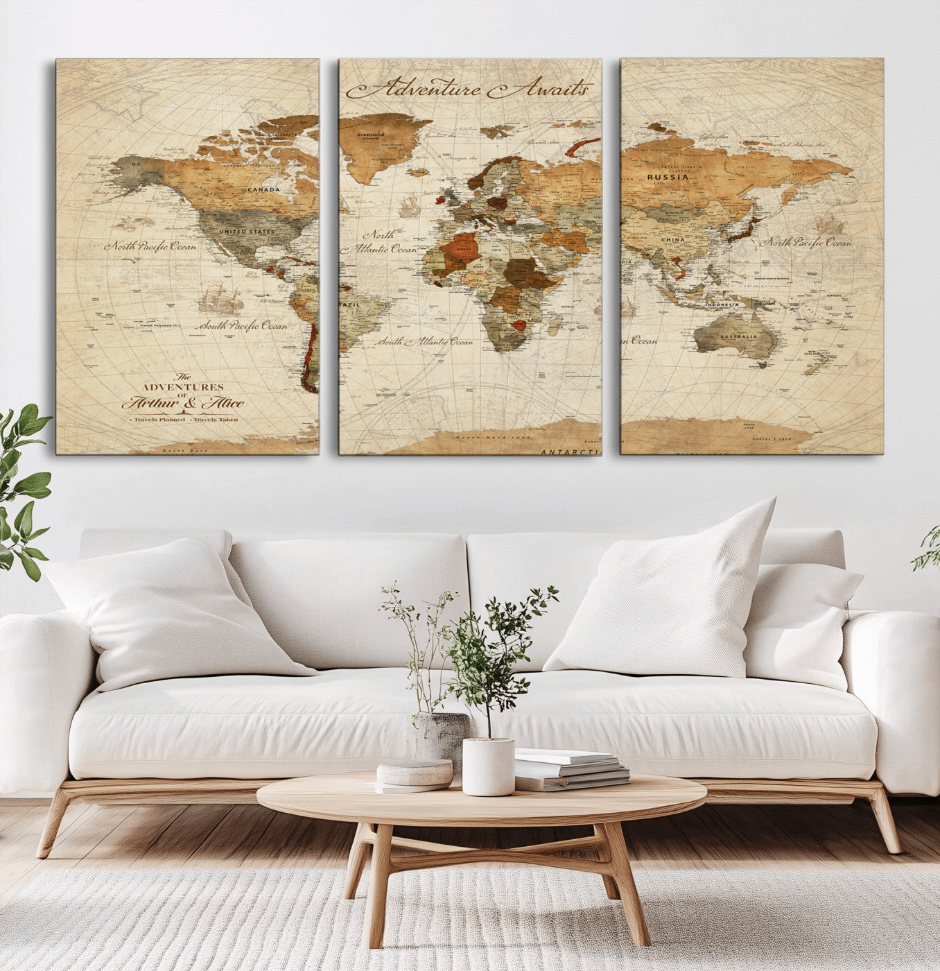 15754902-MGV-CV-36X24-Adventure Awaits World Map Wall Art – Vintage Sepia Canvas Print, Rustic Travel Themed Map Decoration for Living Room, Office,